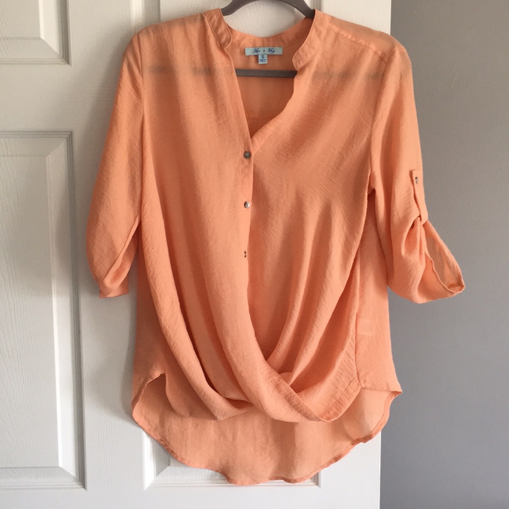 She + Sky Sheer Drape-Front Button-Up Blouse